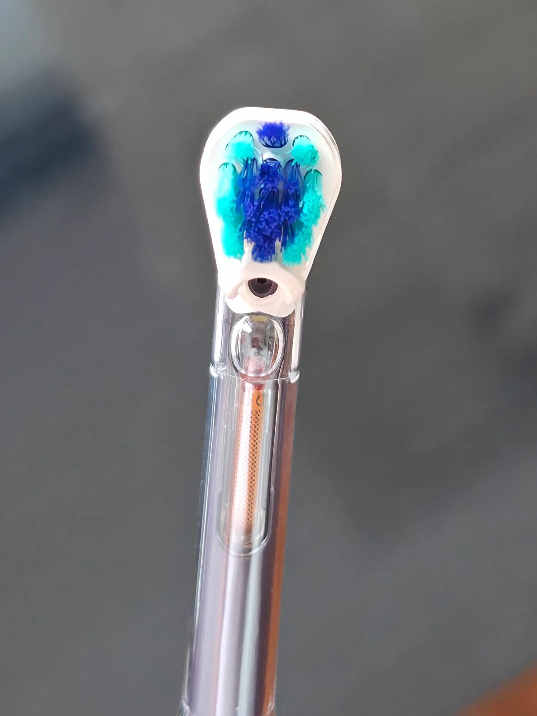 Front macro of the CameraJet brush head showing bristles and the camera and jet opening