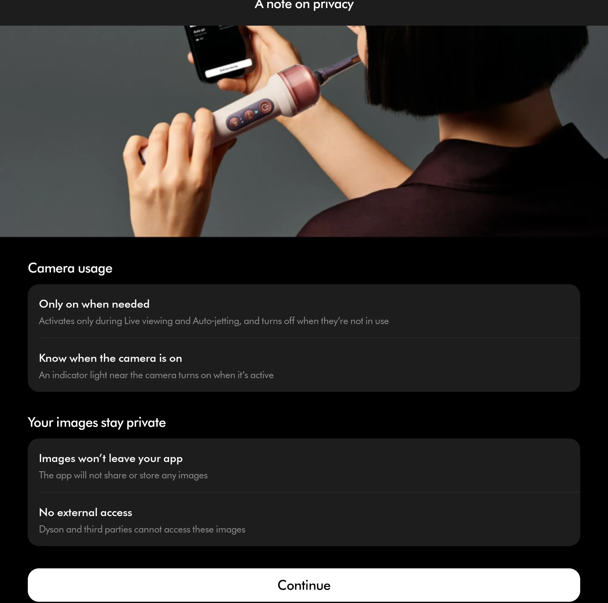 MyDyson privacy disclosure explaining camera activation, the indicator light and image handling