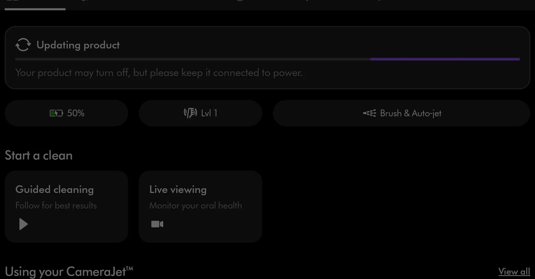 MyDyson dashboard showing CameraJet already updating and instructing that it remain connected to power